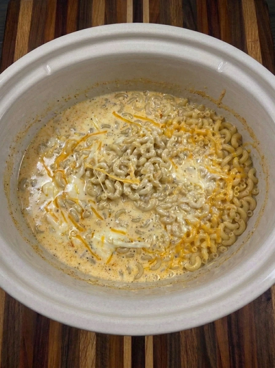 Shredded cheddar folded into softened crockpot macaroni