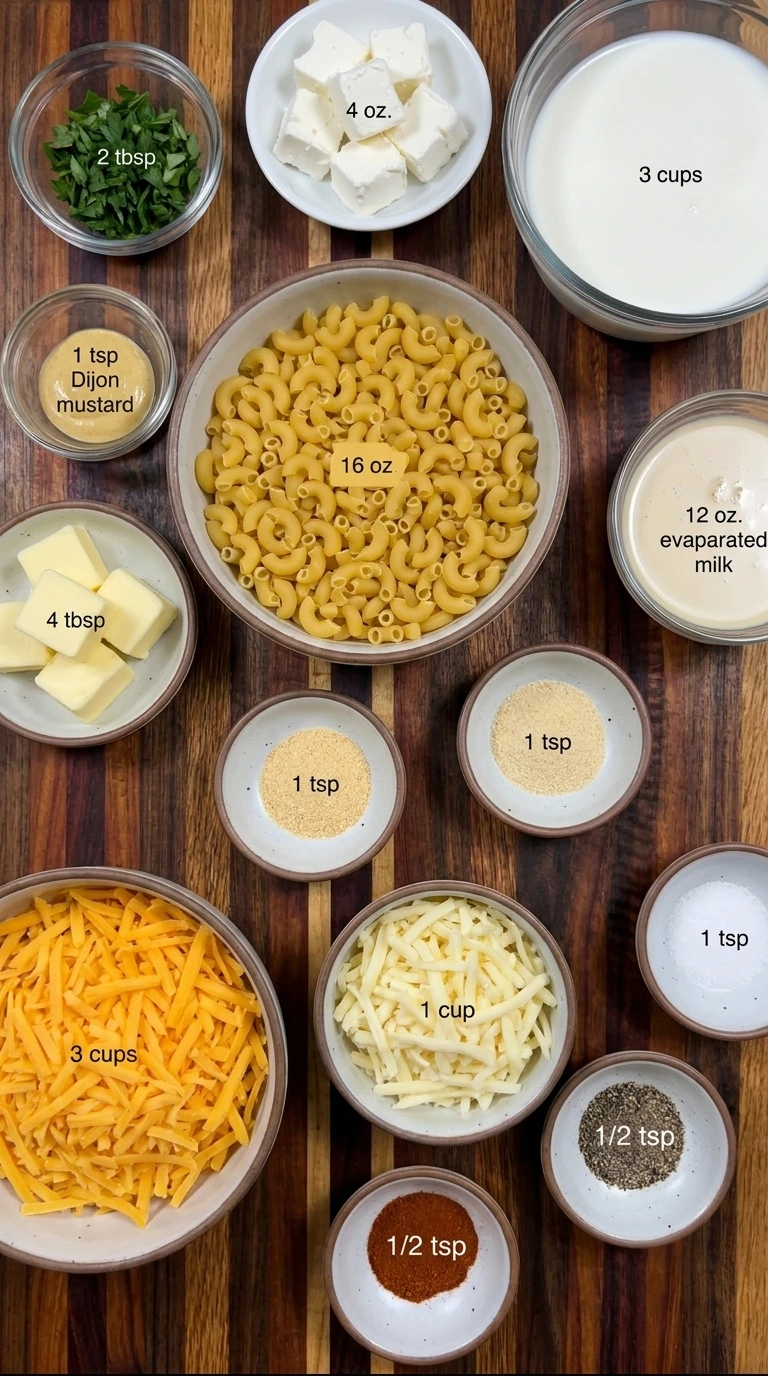Ingredients for Crockpot Mac and Cheese arranged in separate bowls