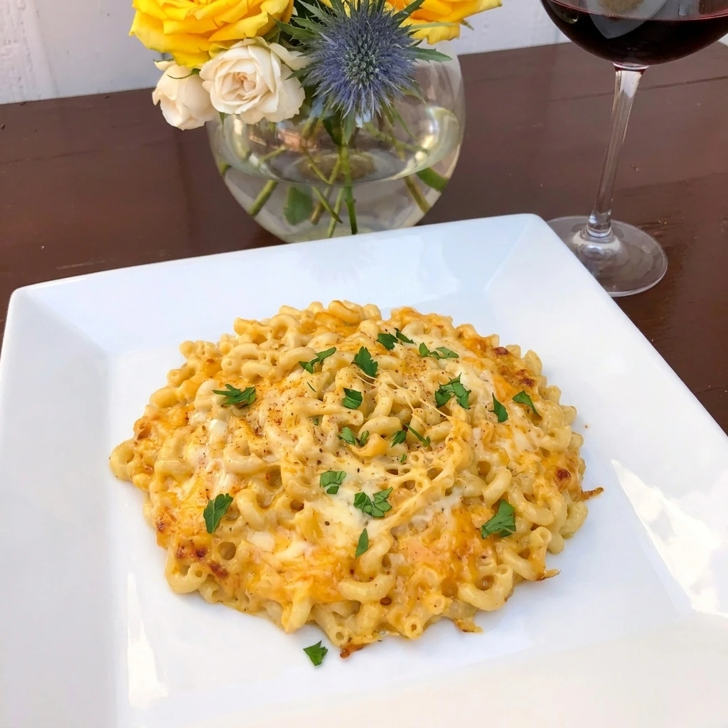 Single serving of Crockpot Mac and Cheese with parsley