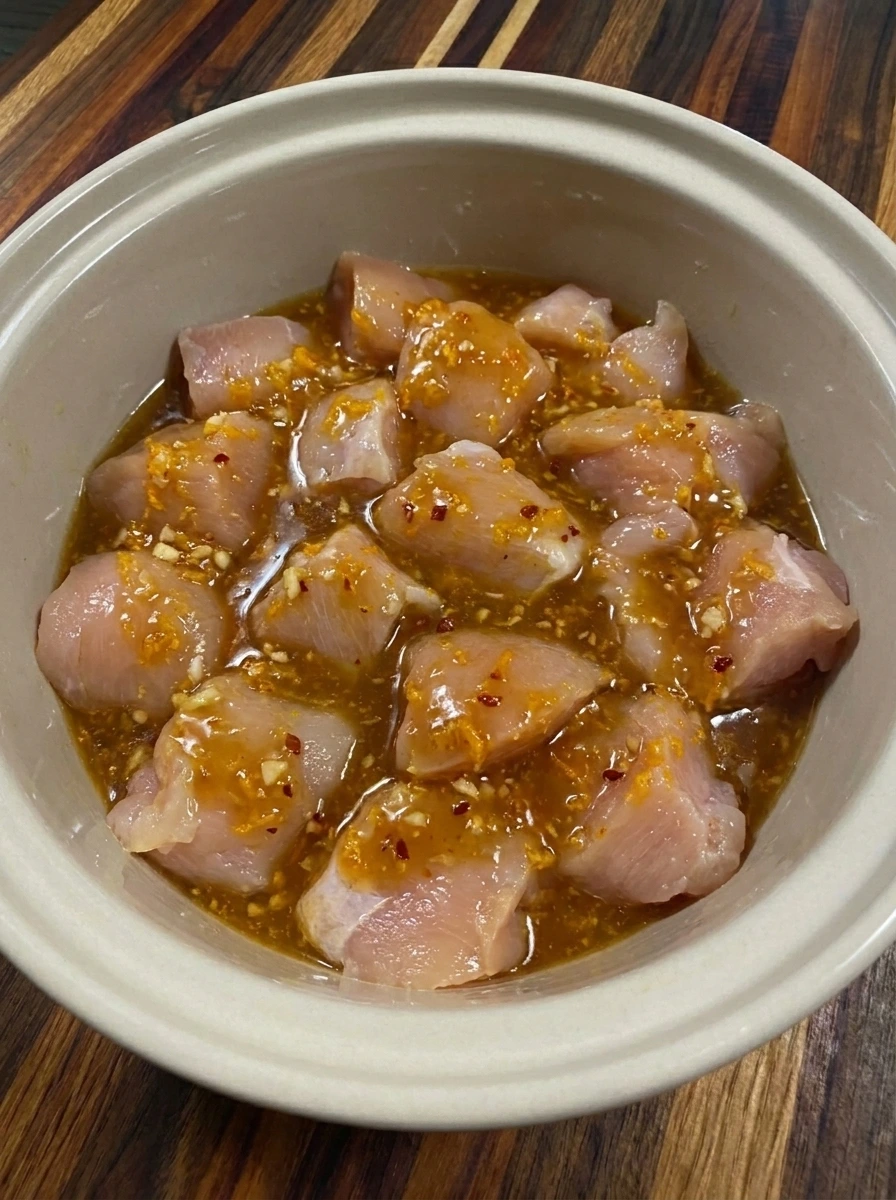 Raw chicken coated with orange sauce in a slow cooker