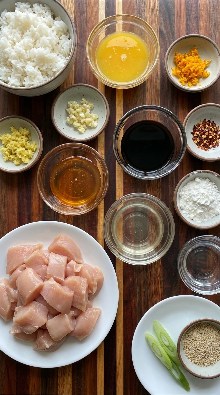 Ingredients for Crockpot Orange Chicken arranged in separate small containers