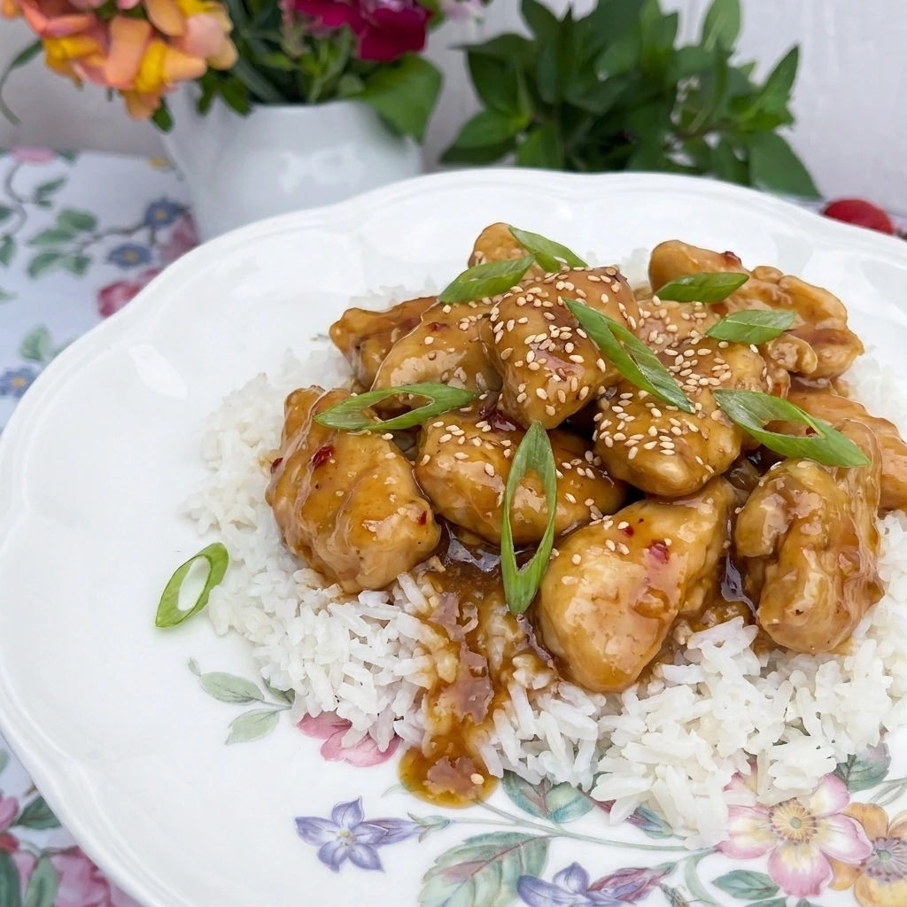 Single serving of Crockpot Orange Chicken over fluffy white rice