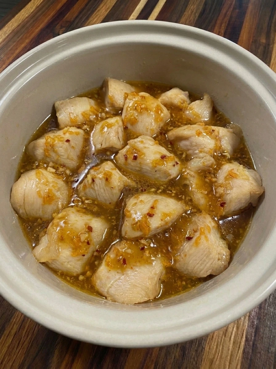 Tender cooked chicken simmering in orange sauce inside a slow cooker