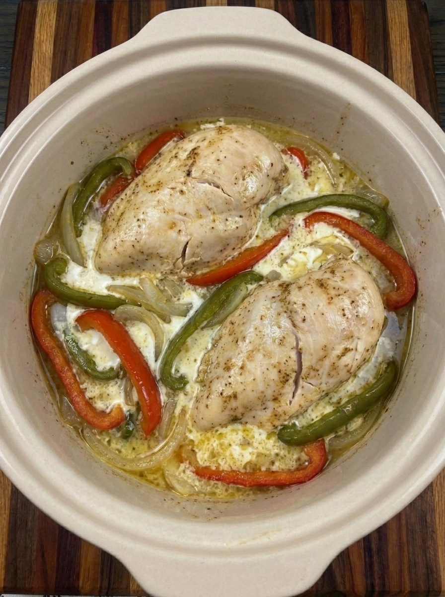 Cream cheese folded into CrockPot Pepper Jack Chicken sauce