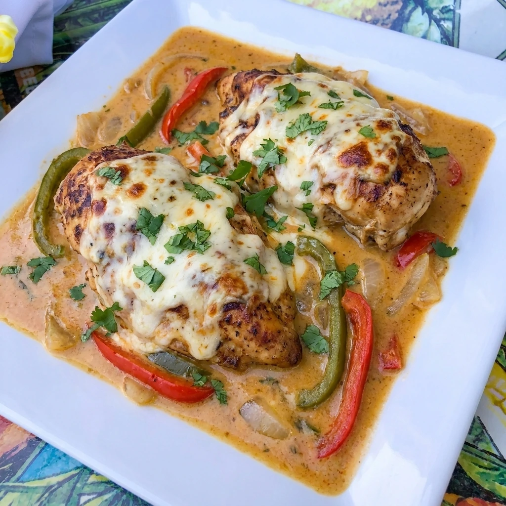 CrockPot Pepper Jack Chicken with melted cheese and peppers