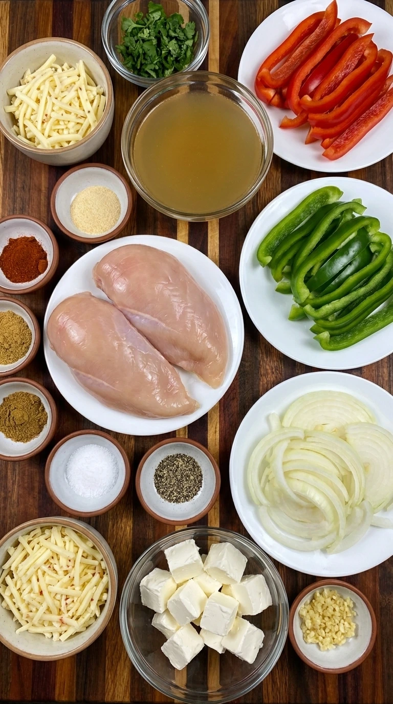 Ingredients for CrockPot Pepper Jack Chicken in separate bowls