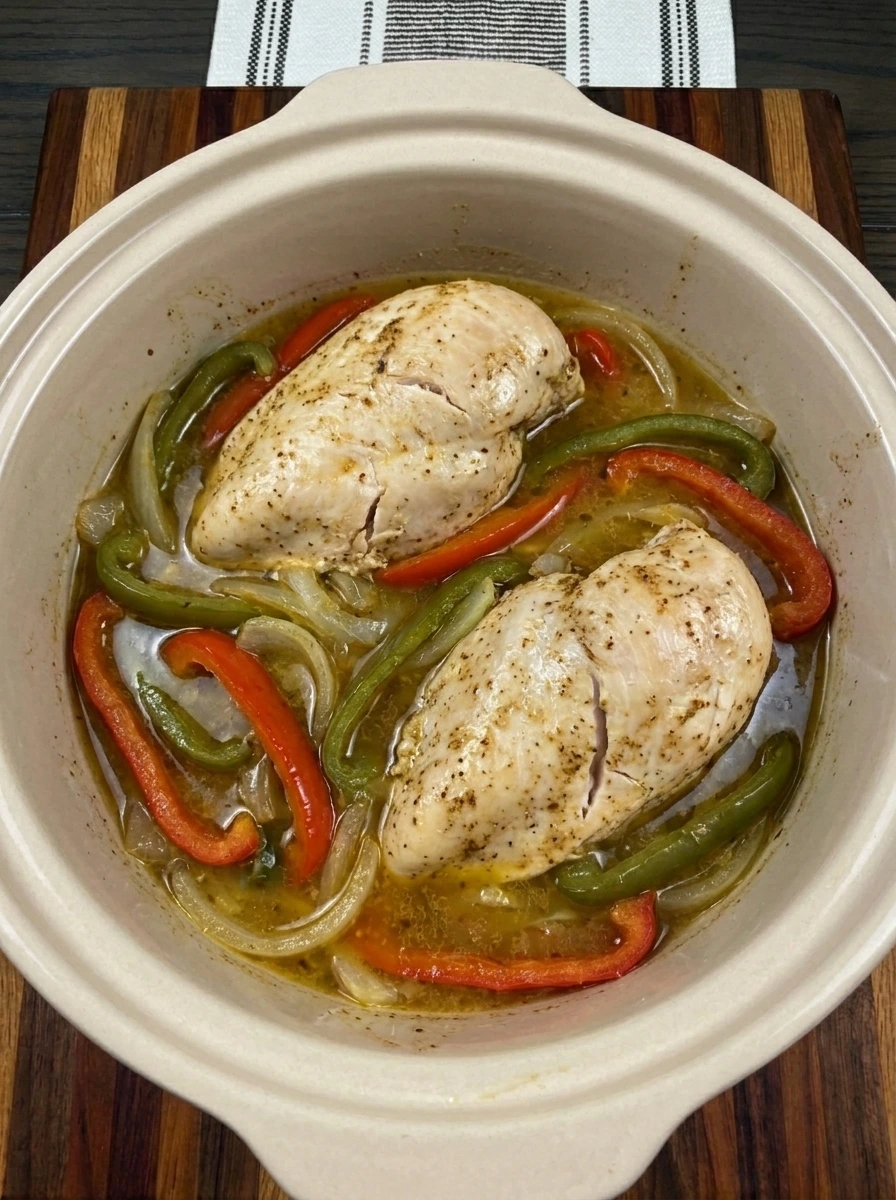 Tender slow cooked chicken with softened peppers and onion