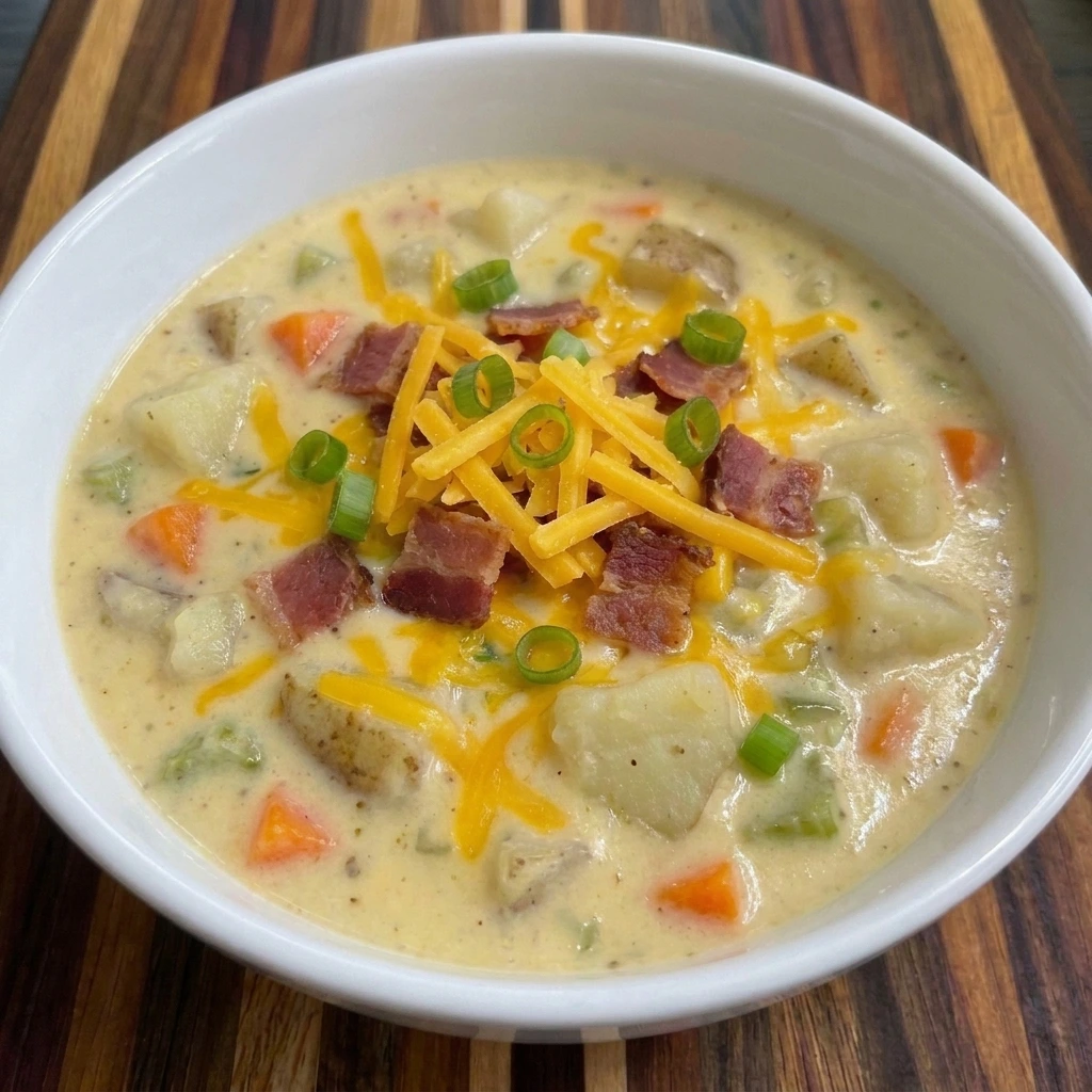 Creamy Crockpot Potato Soup topped with cheddar bacon and green onions