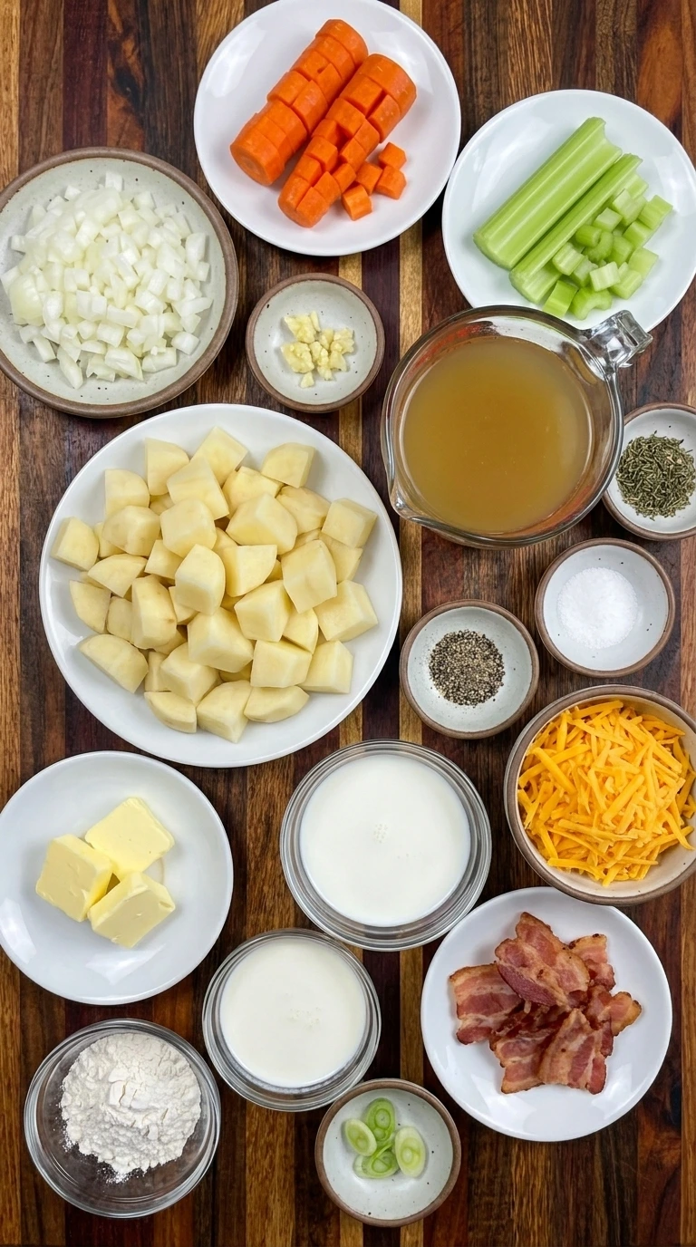 Ingredients for Crockpot Potato Soup arranged in separate small containers