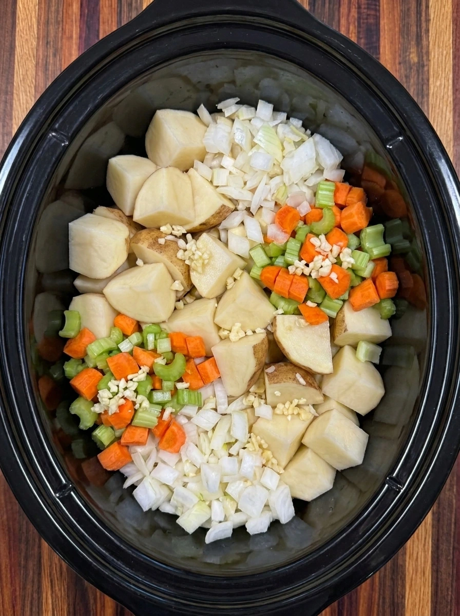 Cubed potatoes and diced vegetables combined for Crockpot Potato Soup