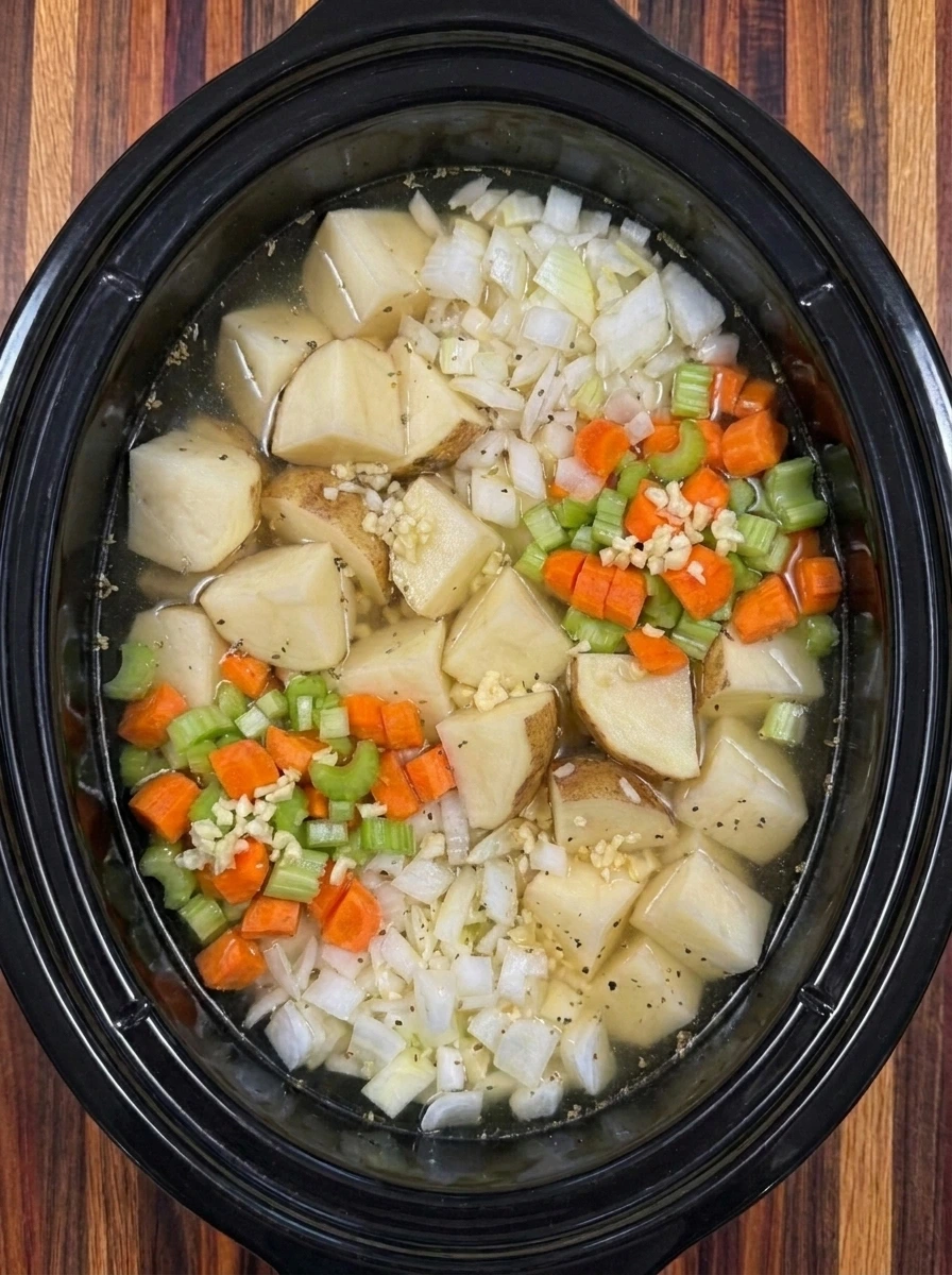 Seasoned broth poured over potatoes and vegetables for Crockpot Potato Soup