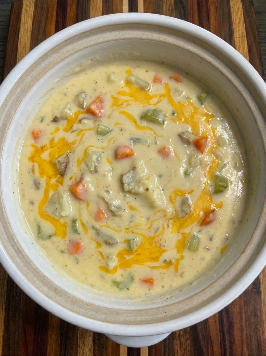 Cream and cheddar folded into Crockpot Potato Soup