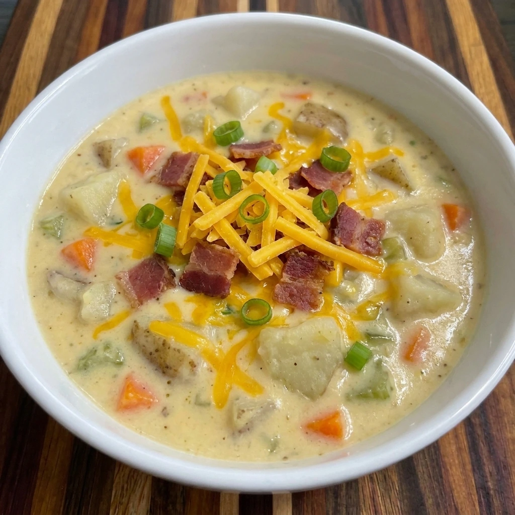 Single bowl of Crockpot Potato Soup with cheddar bacon and green onions