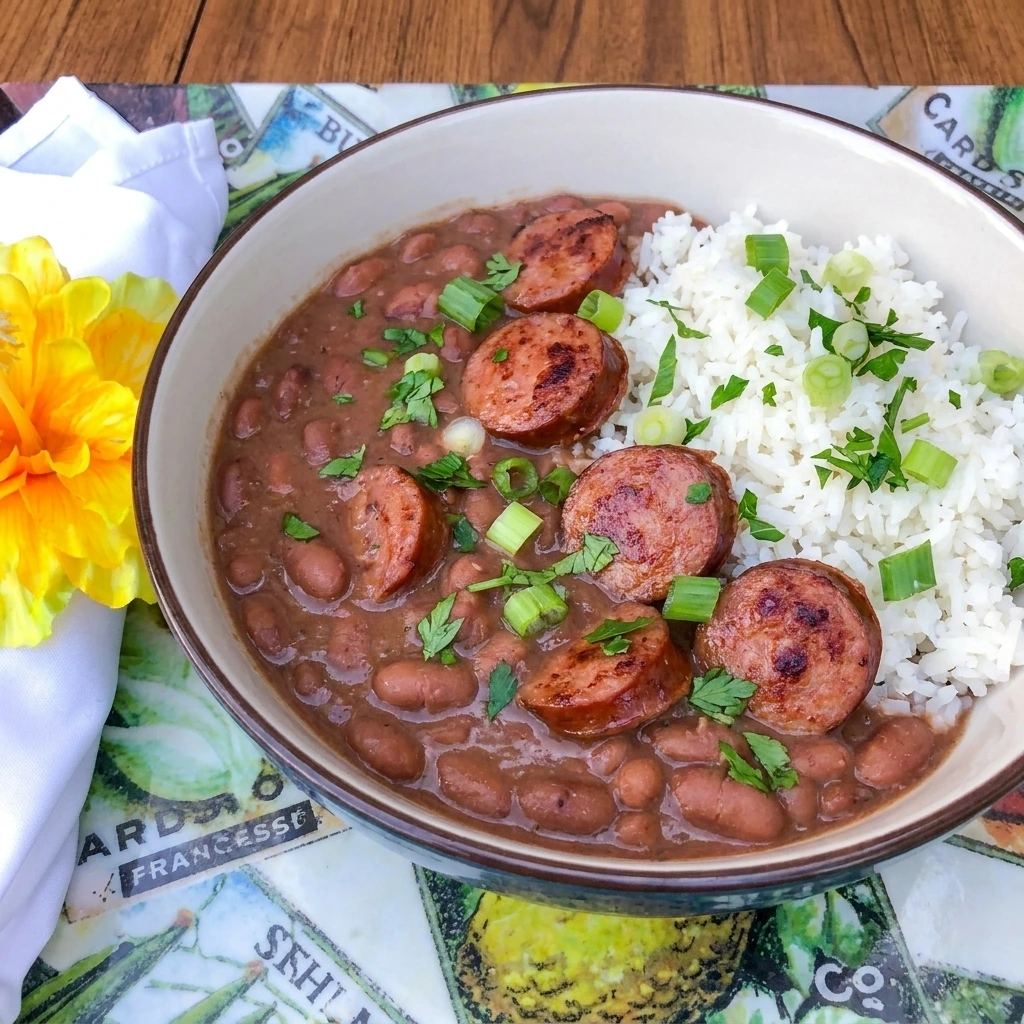 Crockpot Red Beans and Rice with smoky sausage and fluffy white rice