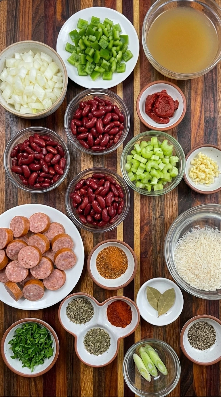 Ingredients for Crockpot Red Beans and Rice arranged in separate containers