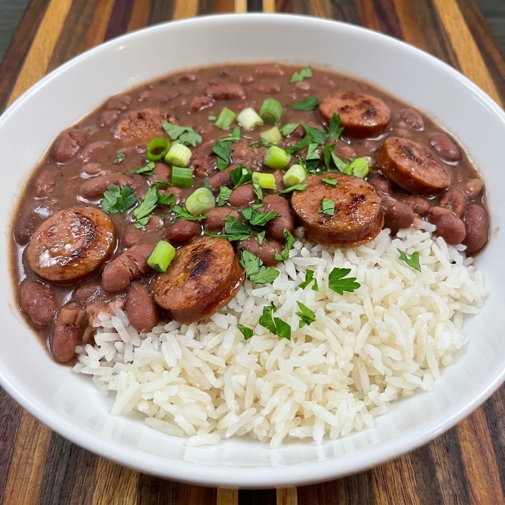Single serving of Crockpot Red Beans and Rice with sausage