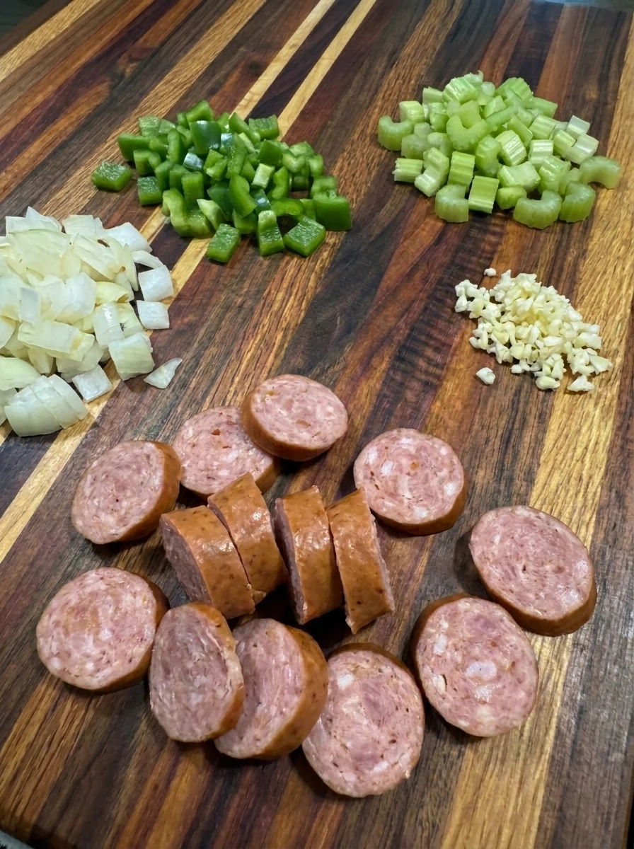 Sliced sausage and chopped vegetables for Crockpot Red Beans and Rice