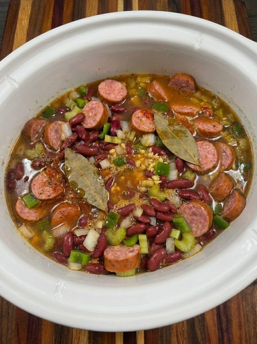 Slow cooked red beans and sausage with softened vegetables