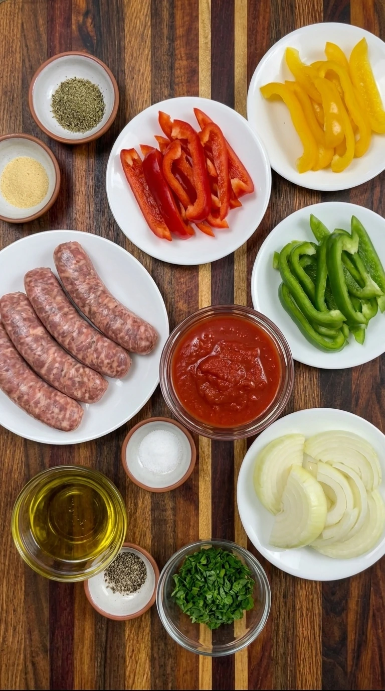 Ingredients for Crockpot Sausage and Peppers in separate containers