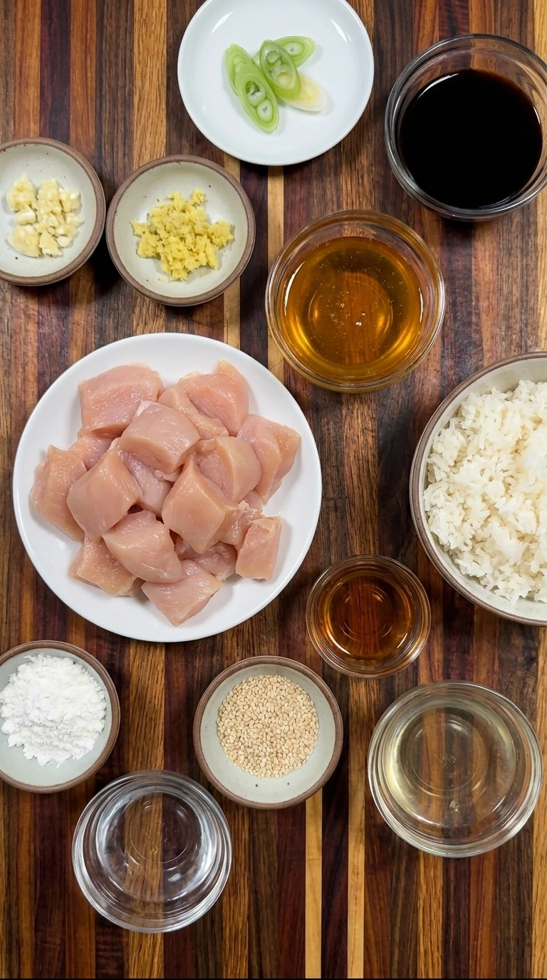 Ingredients for Crockpot Sesame Chicken arranged in separate small containers