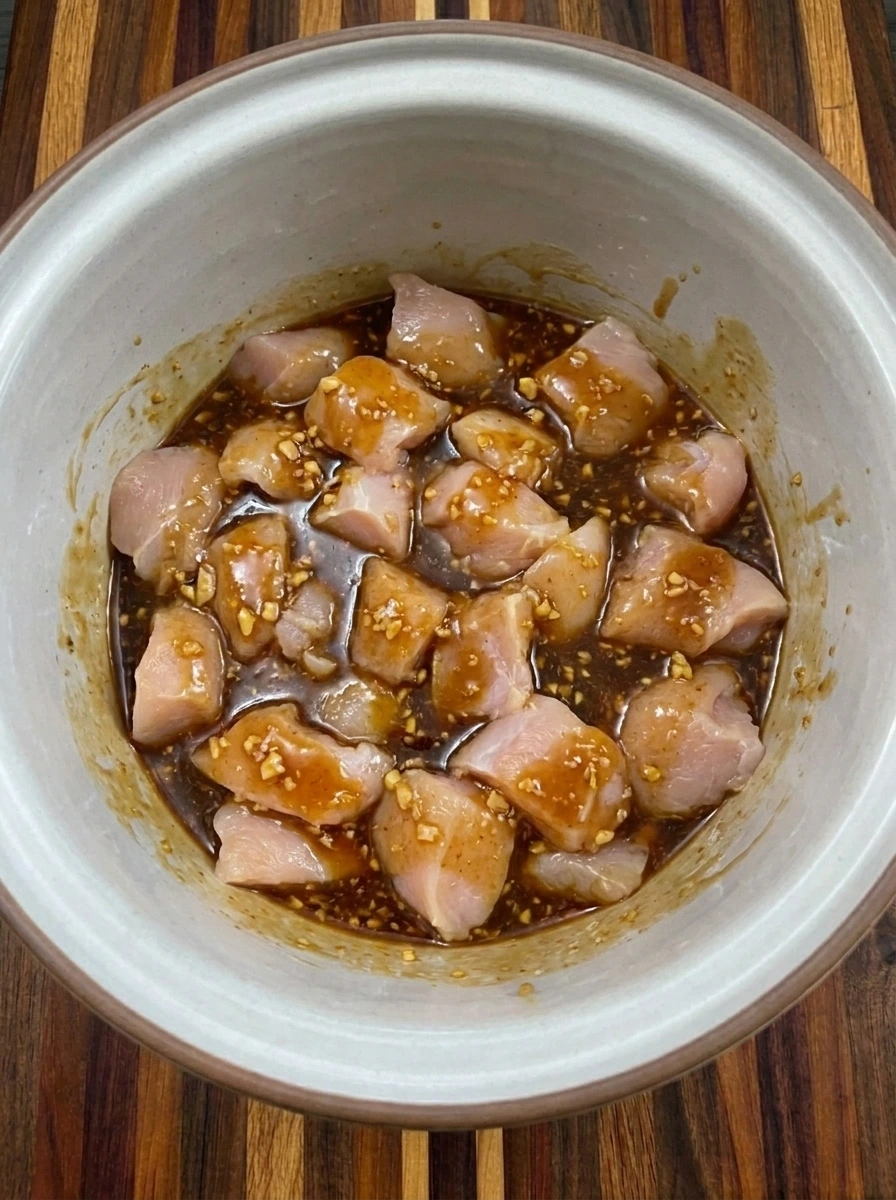 Raw chicken coated with sesame sauce in a slow cooker