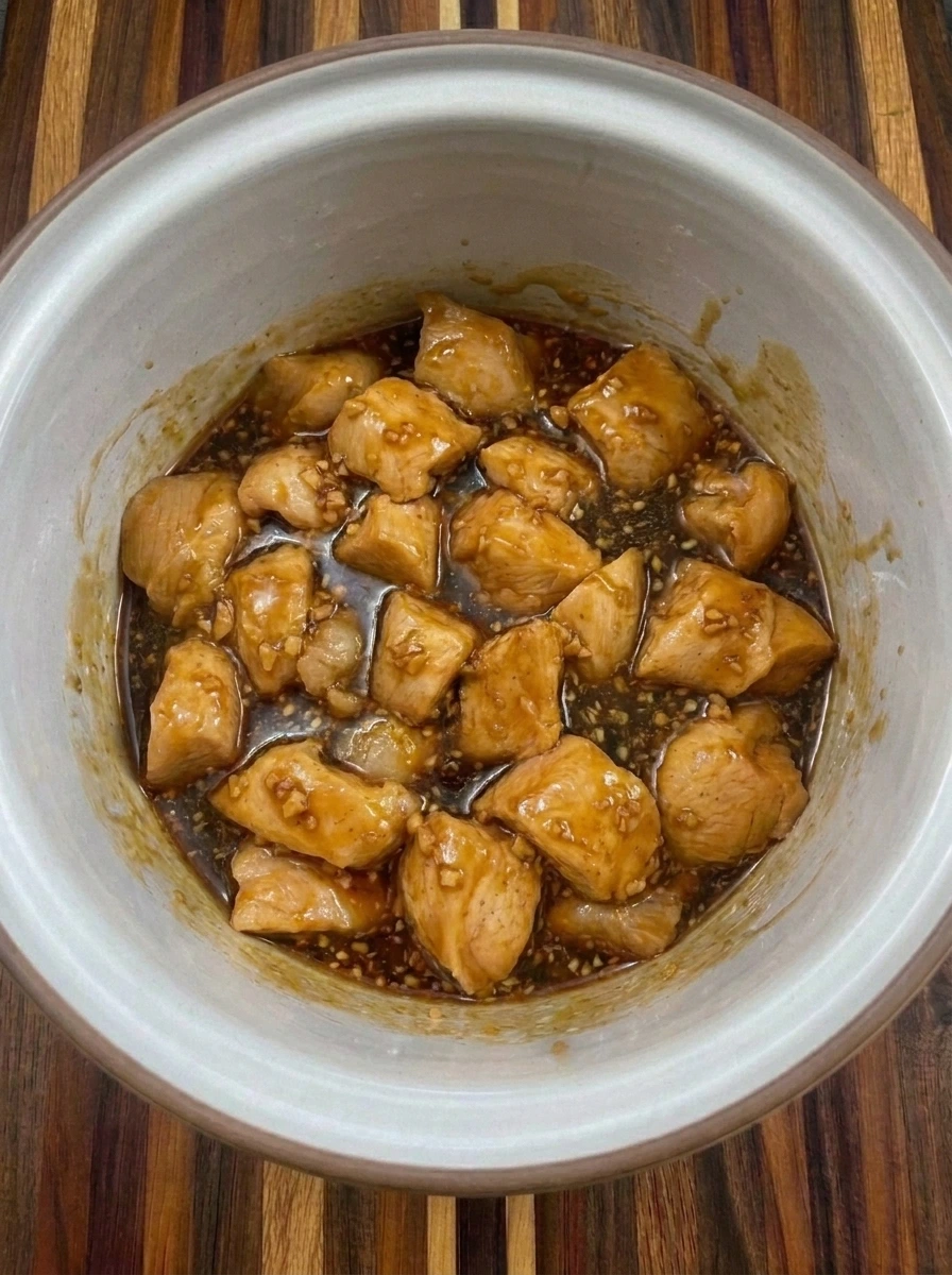 Crockpot Sesame Chicken in thick glossy sauce
