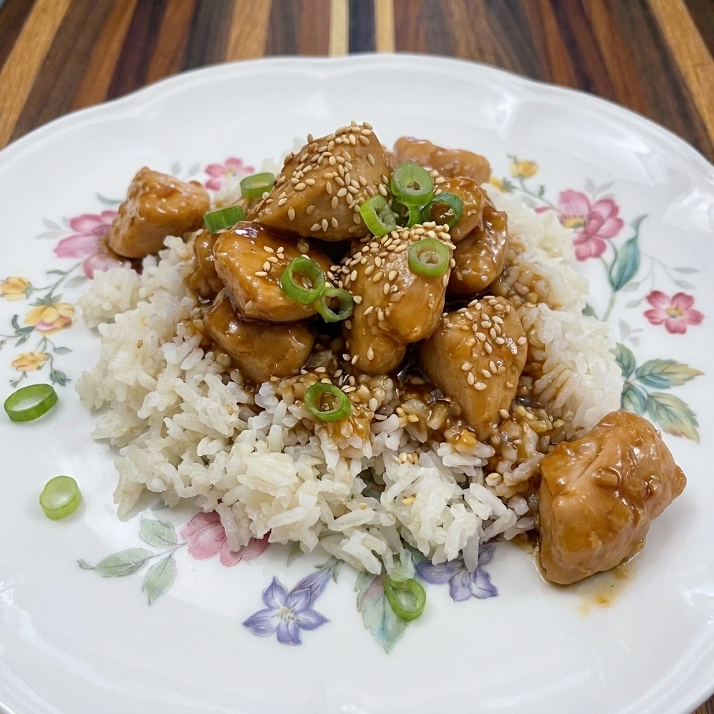 Single serving of Crockpot Sesame Chicken over white rice