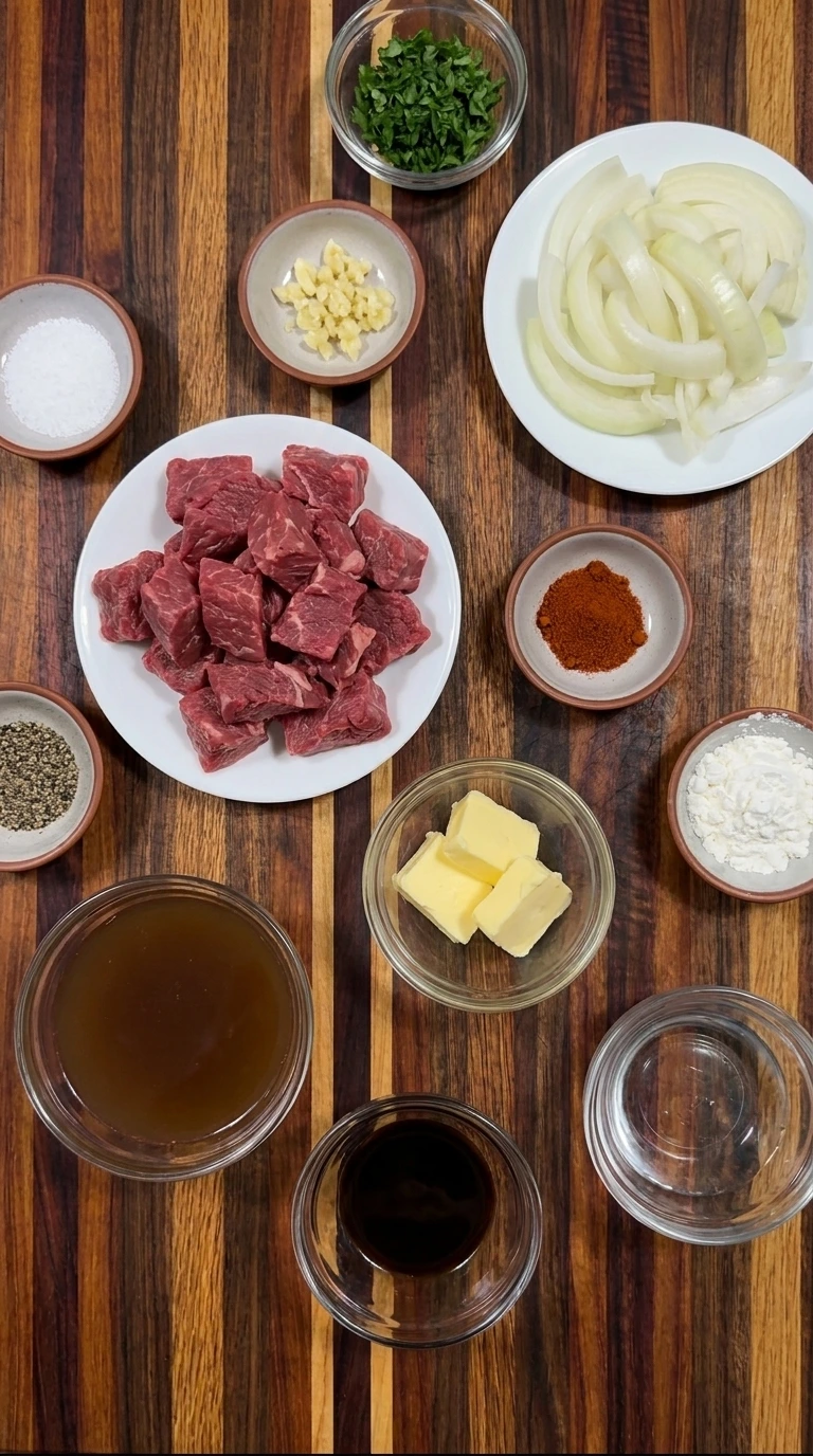 Raw ingredients for Crockpot Steak Bites arranged in separate small containers