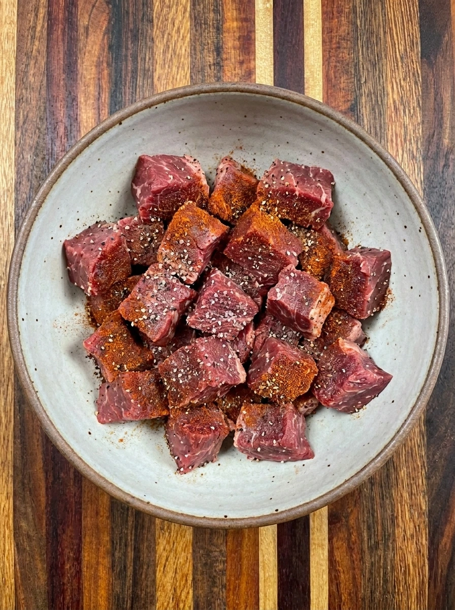 Raw sirloin steak bites seasoned with salt pepper and smoked paprika