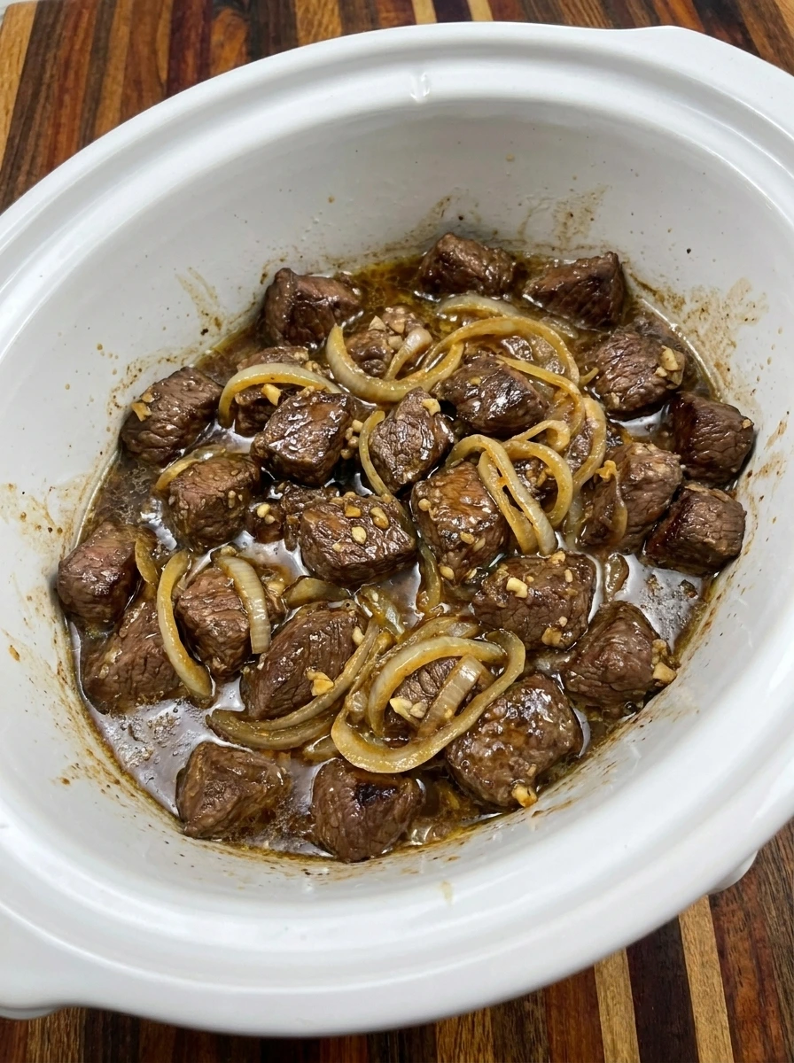 Tender browned steak bites and softened onions cooking in savory broth