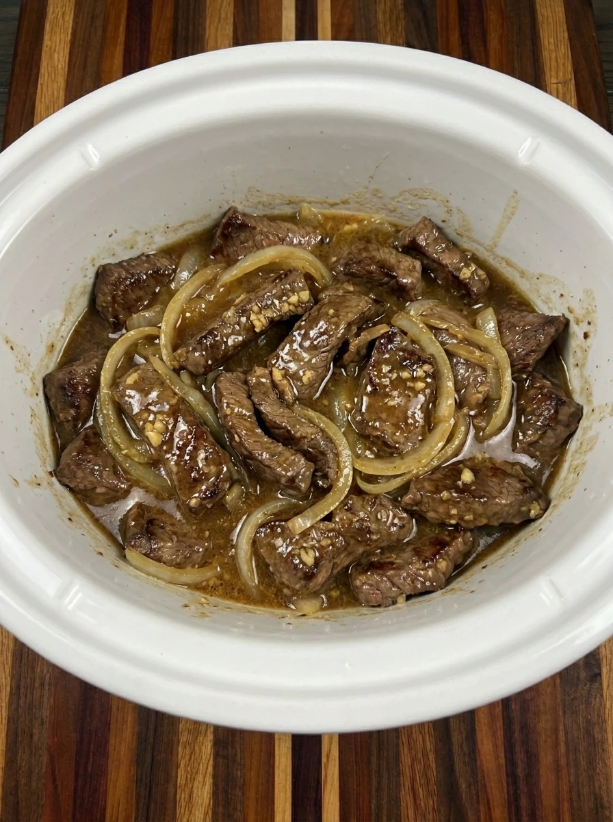 Crockpot Steak Bites coated in thickened garlic butter sauce