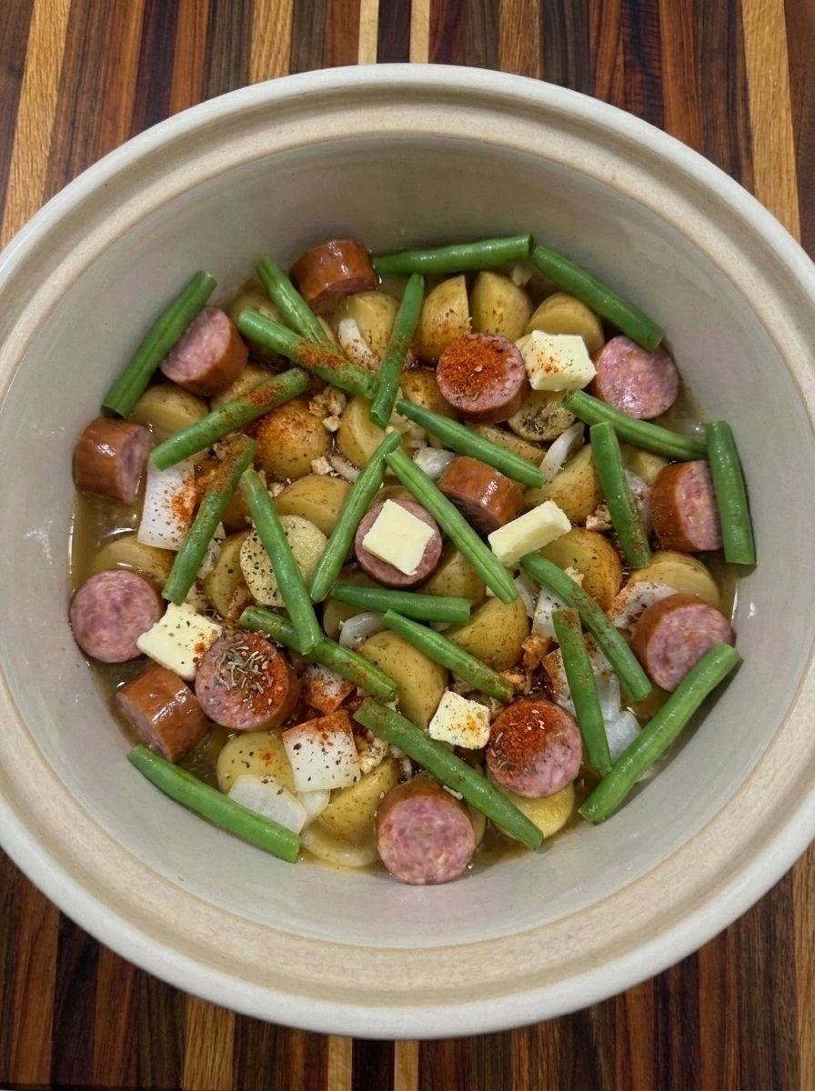Green beans and seasoned broth added to CrockPot Swamp Potatoes