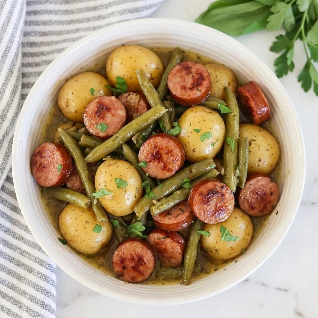 CrockPot Swamp Potatoes with sausage and green beans in buttery seasoned broth