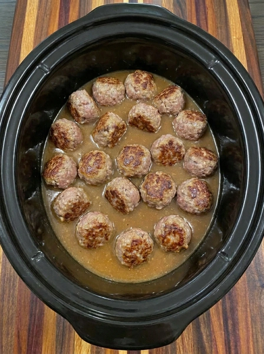 Browned Swedish meatballs covered with savory gravy base