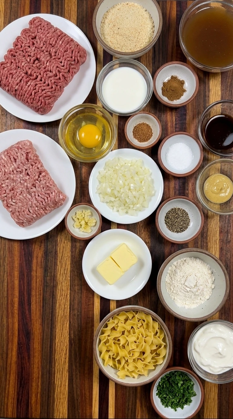 Ingredients for Crockpot Swedish Meatballs arranged in separate bowls