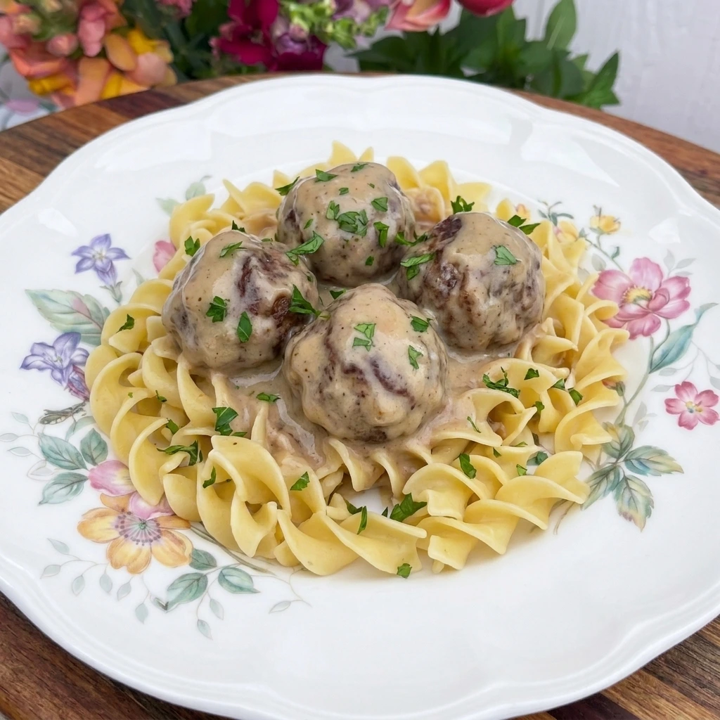 Four Crockpot Swedish Meatballs served over egg noodles