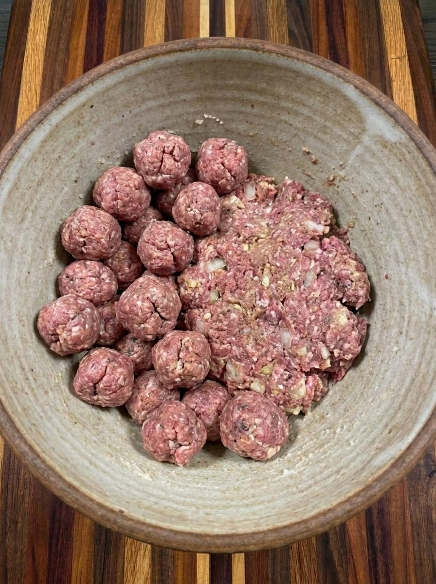 Sixteen shaped raw meatballs for Crockpot Swedish Meatballs