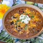Crockpot Taco Soup with beef and beans plus corn and cheese