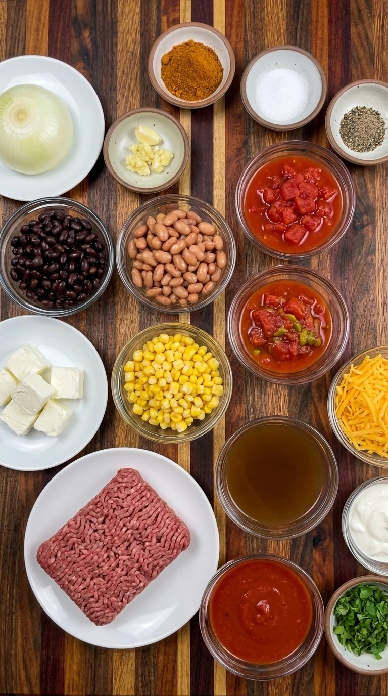 Ingredients for Crockpot Taco Soup arranged in separate containers