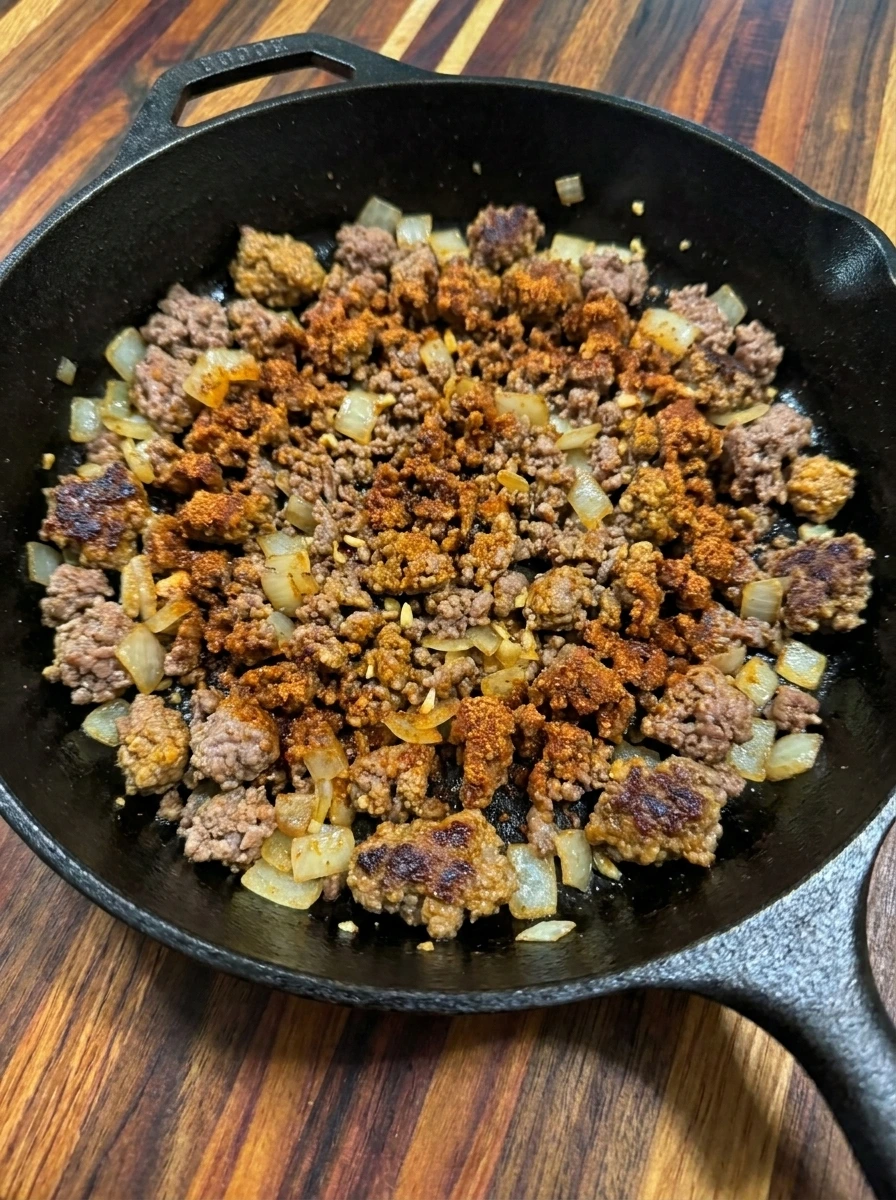 Ground beef browned with onion and taco seasoning