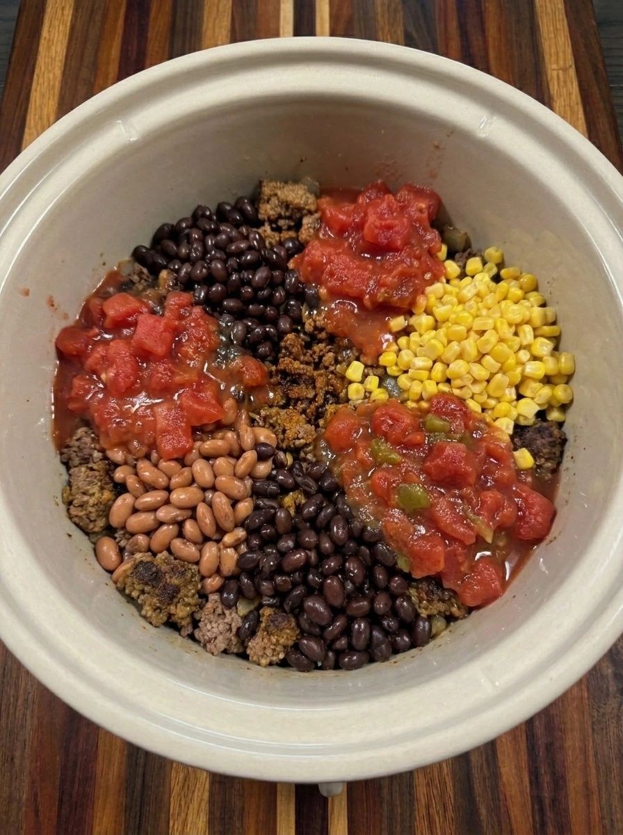 Beef mixed with beans and corn in a crockpot