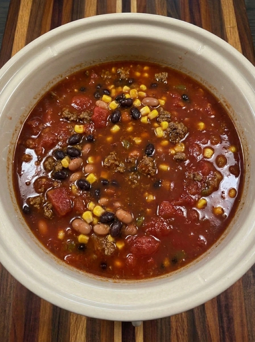 Broth and tomato sauce added to taco soup ingredients