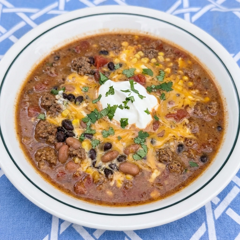 Single bowl of Crockpot Taco Soup with cheese and sour cream