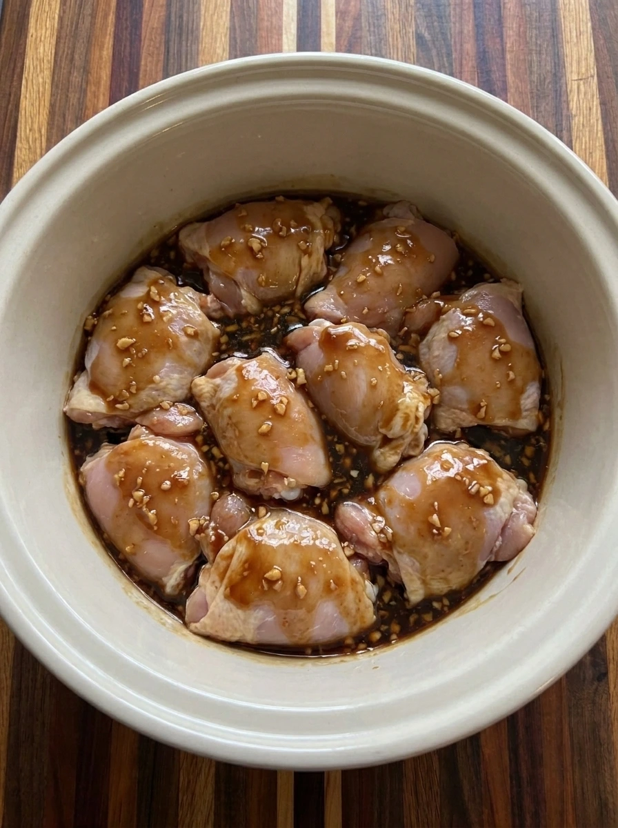 Eight chicken pieces coated with teriyaki sauce in a slow cooker