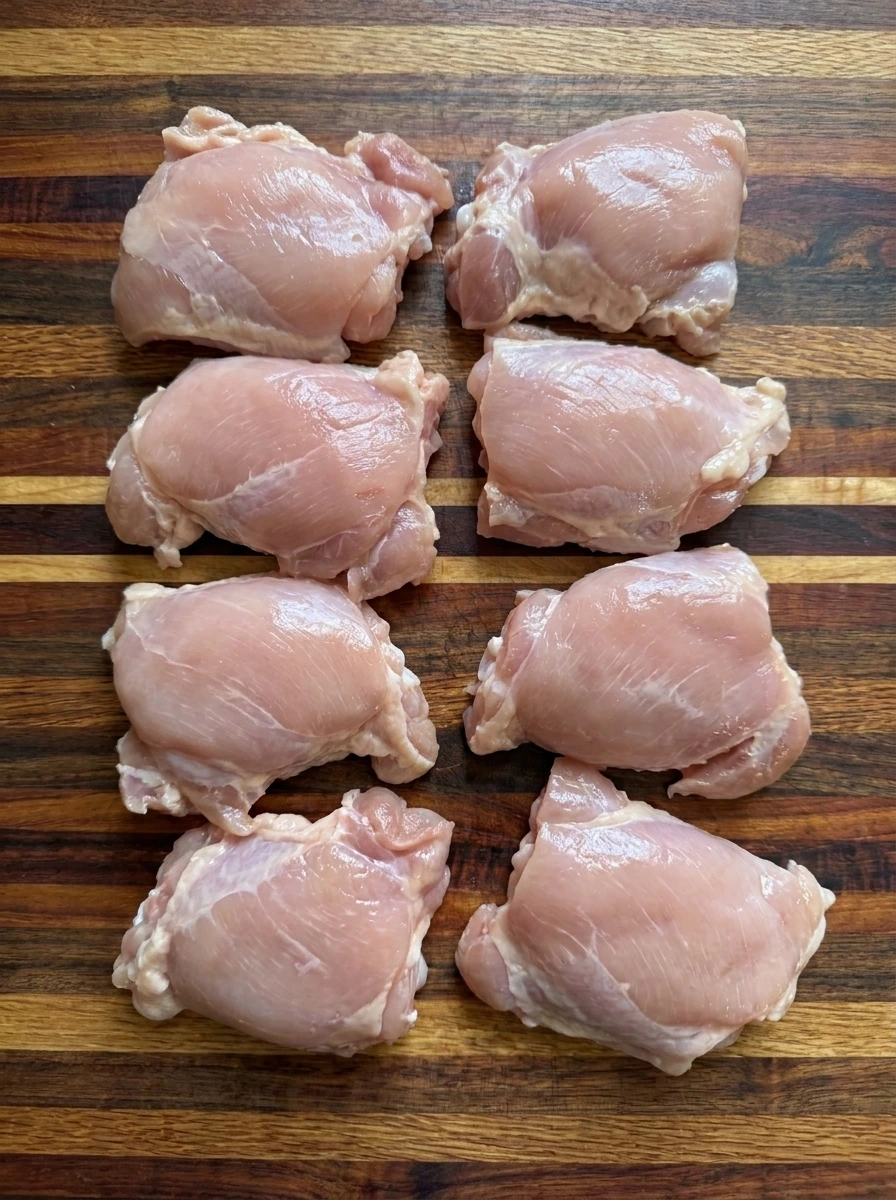 Eight chicken thigh pieces cut for Crockpot Teriyaki Chicken