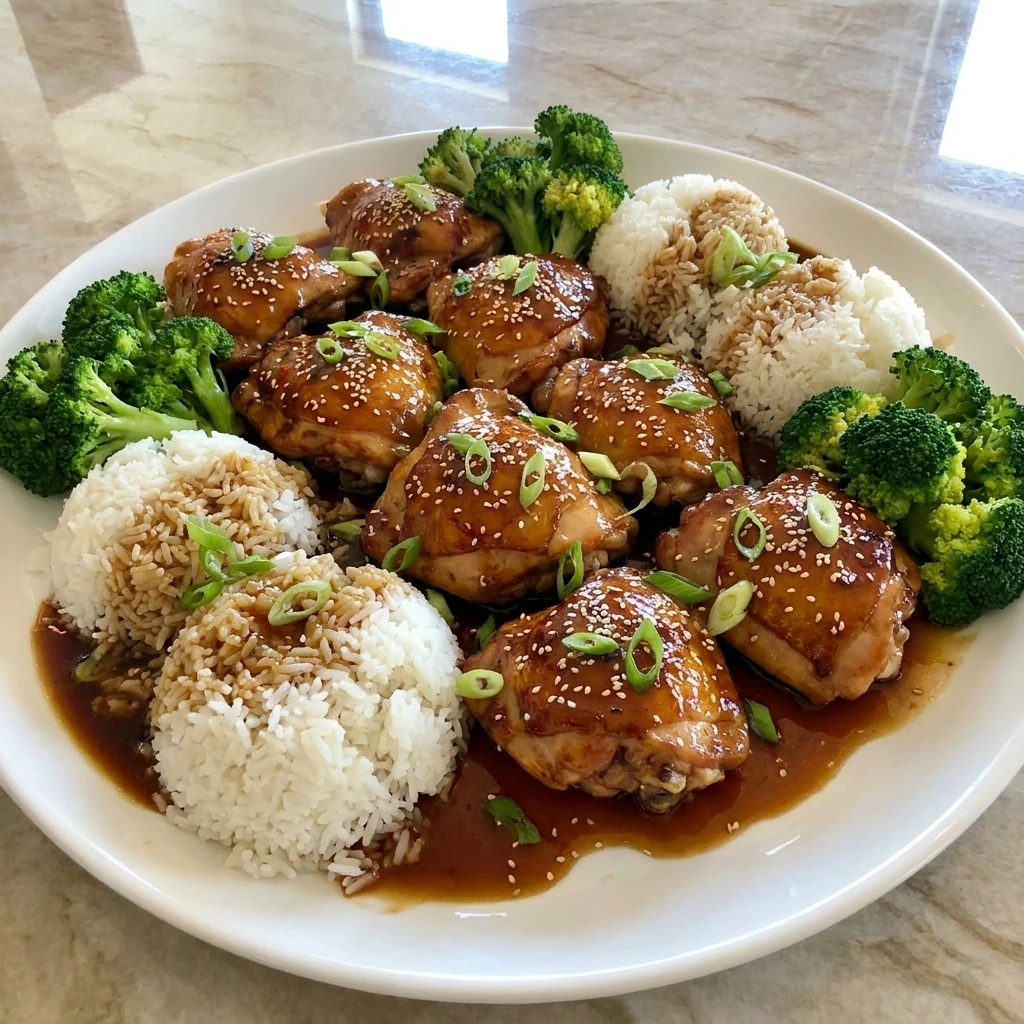 Crockpot Teriyaki Chicken with rice and broccoli