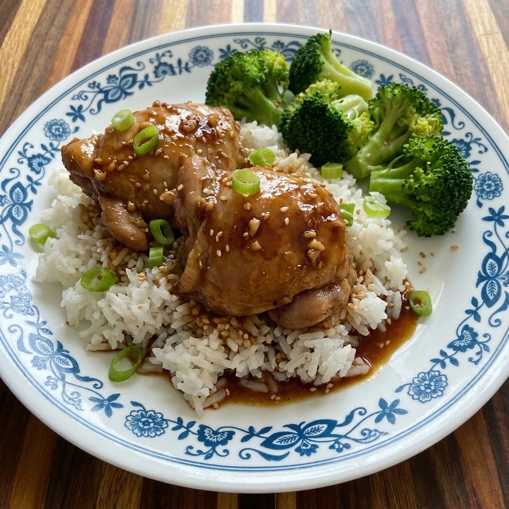 Single serving of Crockpot Teriyaki Chicken with rice and broccoli