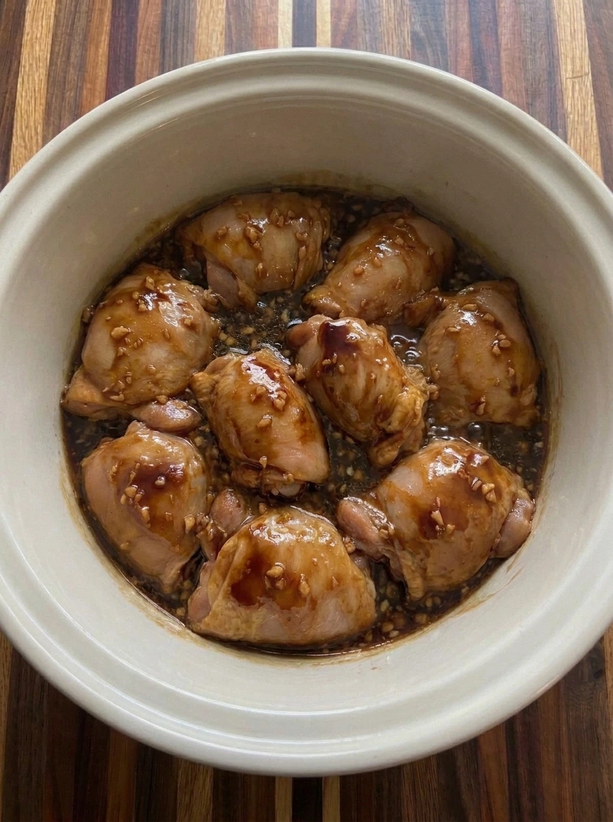 Crockpot Teriyaki Chicken coated in thick glossy sauce