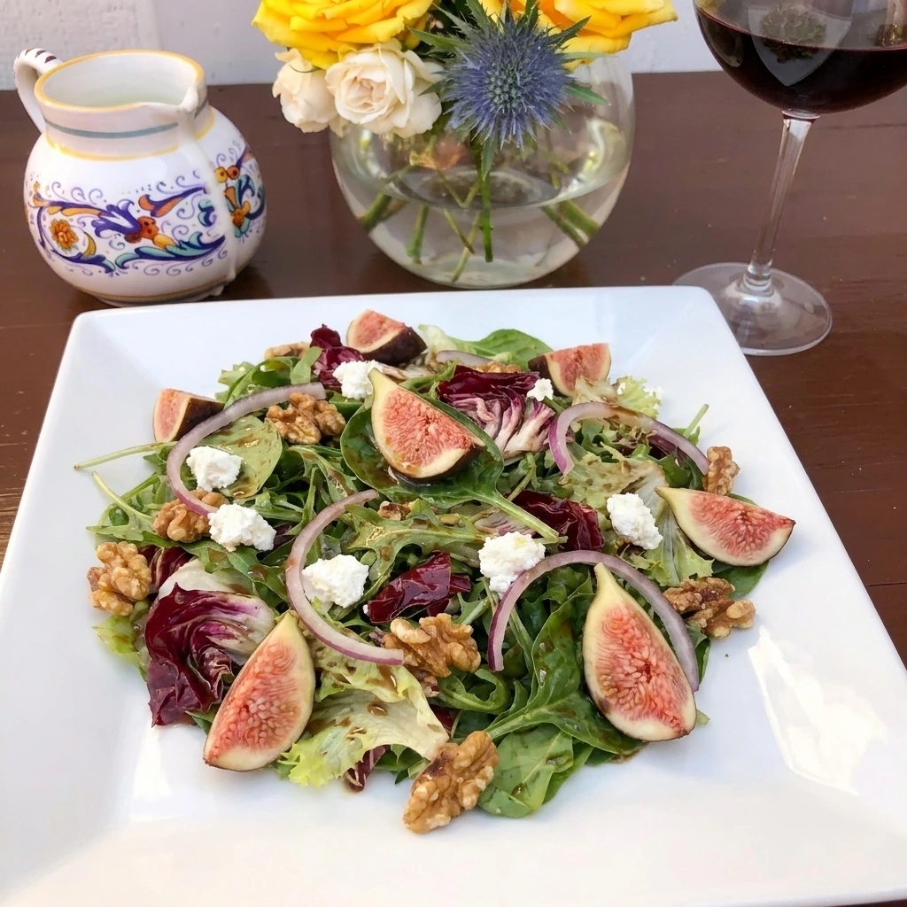 Single serving of Fig Goat Cheese Salad with balsamic drizzle