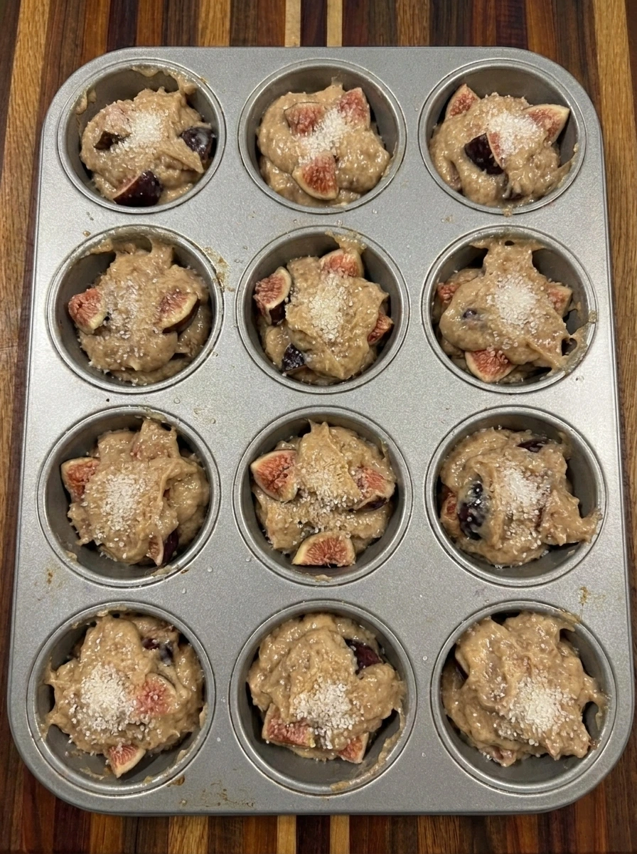 Twelve Fig Muffins filled in a muffin tin before baking